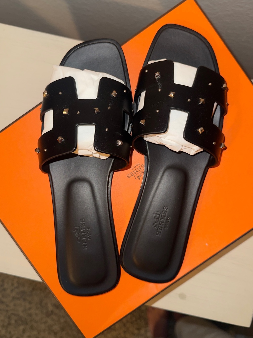Hermes Black Studded Leather Slide Sandals